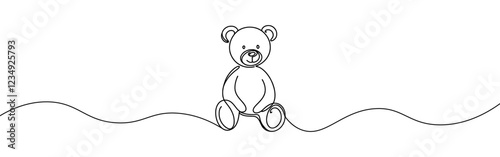 Teddy bear continuous one line drawing. Soft toy, in simple linear style. Birthday gift and greeting card. Vector illustration.