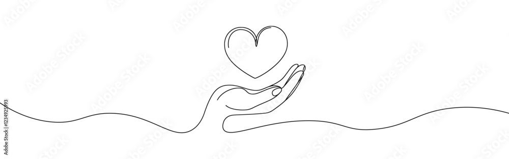 Hand holding heart. One continuous line drawing of support, charity concept. Vector illustration. Hand holding heart. One continuous line drawing of support, charity concept. Vector illustration.