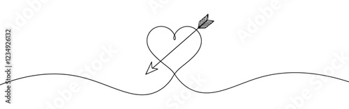 Heart pierced by an arrow. Continuous line love and arrows. Vector illustration.