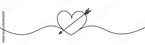 Heart pierced by an arrow. Continuous line love and arrows. Vector illustration.