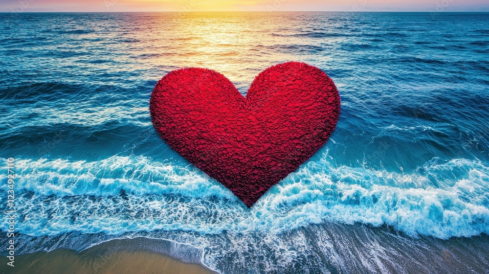 Fototapeta premium Heart shape over ocean waves at sunset creates a romantic scene.
