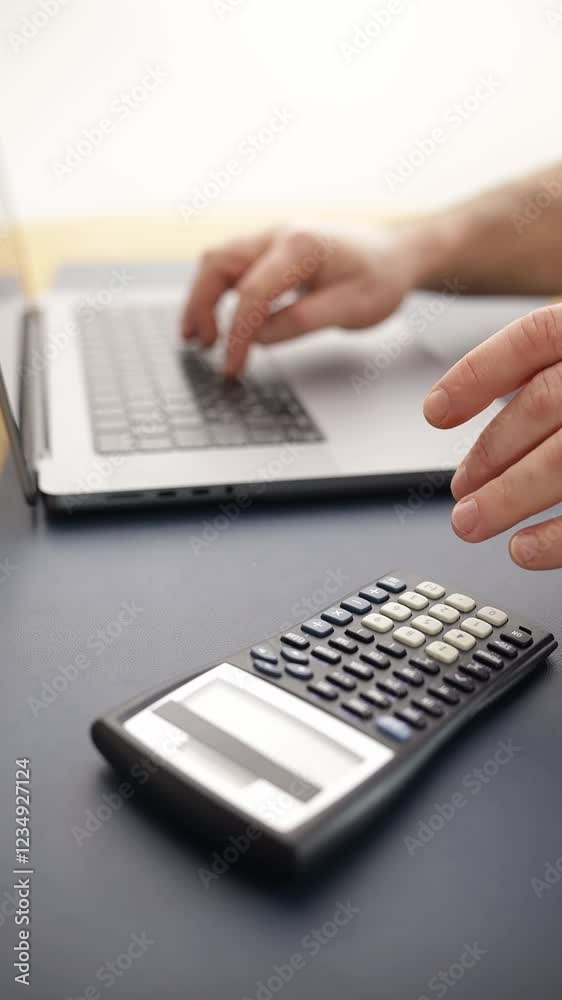man uses calculator and laptop daily at work. modern technologies and old but reliable system of calculations. Checking entered amounts and data. concept of accuracy of numbers and data man uses calculator and laptop daily at work. modern technologies and old but reliable system of calculations. Checking entered amounts and data. concept of accuracy of numbers and data