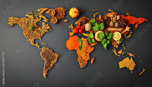 Spices and herbs around the world in the shape of a world map on a dark background. Top view. Creative photo banner, with white tones