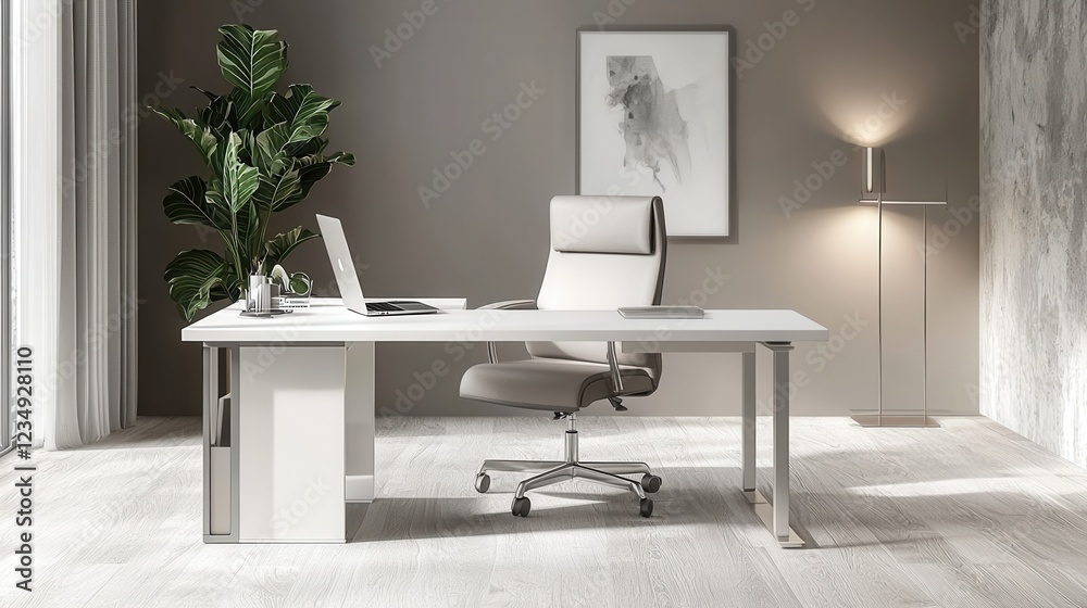 Sleek Minimalist Home Office Design Featuring a Laptop on a Clean White Desk Surrounded by Natural Elements for Modern Work Spaces Sleek Minimalist Home Office Design Featuring a Laptop on a Clean White Desk Surrounded by Natural Elements for Modern Work Spaces