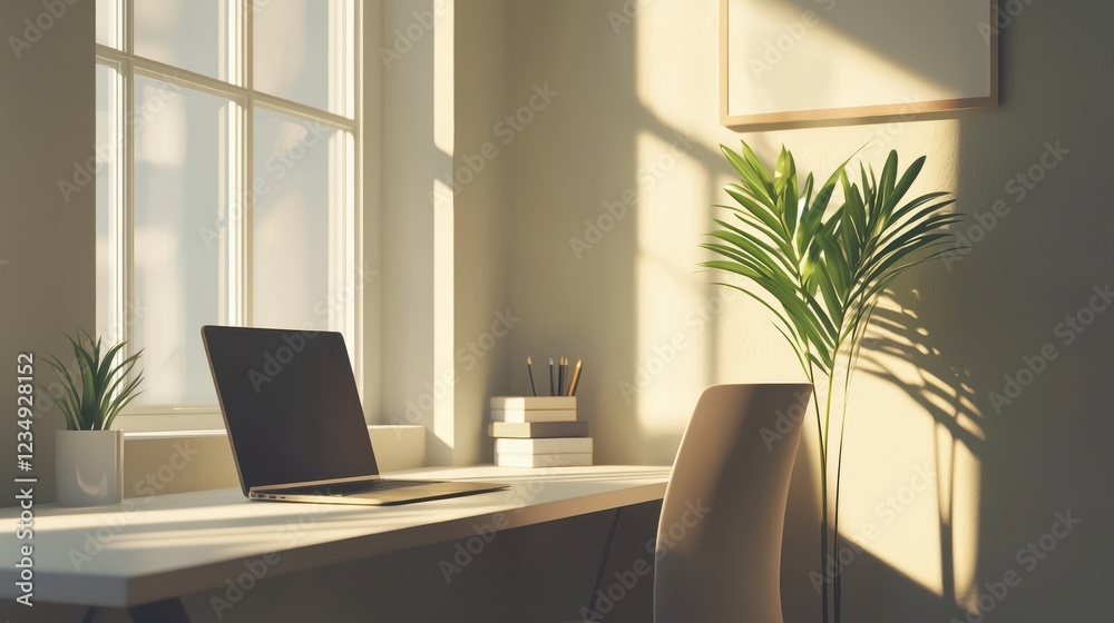 Fototapeta premium A Modern Minimalist Home Office With a Sleek Laptop on a Bright Desk Surrounded by Natural Light and Greenery for a Fresh Work Environment