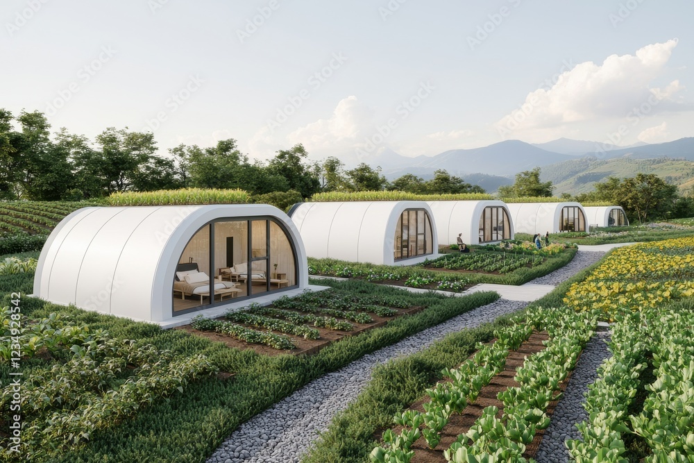 Fototapeta premium Modern eco-friendly homes surrounded by lush greenery and gardens, featuring curved creations and large windows, set against a scenic mountain backdrop.