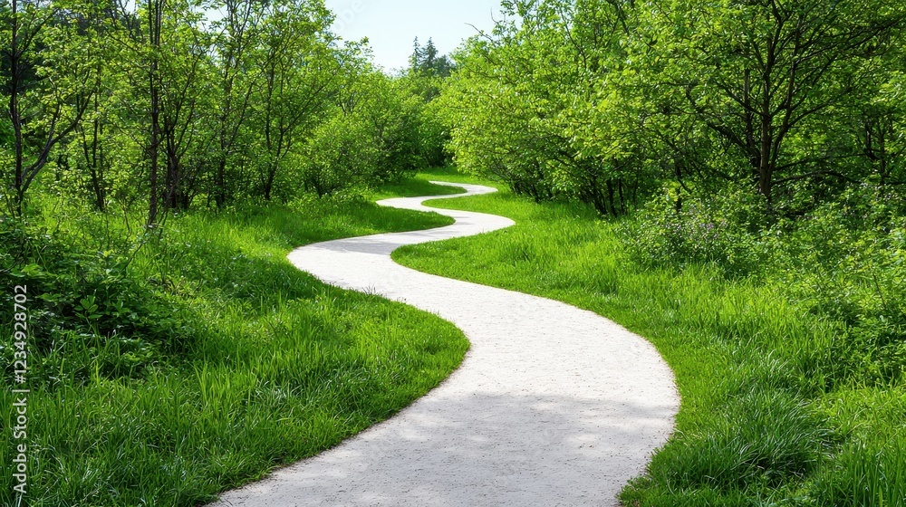 Obraz premium Winding Path Through Lush Green Forest Surrounded by Vibrant Fresh Foliage and Clear Blue Sky