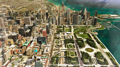 Chicago, Illinois, USA. Aerial view of downtown with Grant Park and the skyscrapers of the business district. Digital painting
