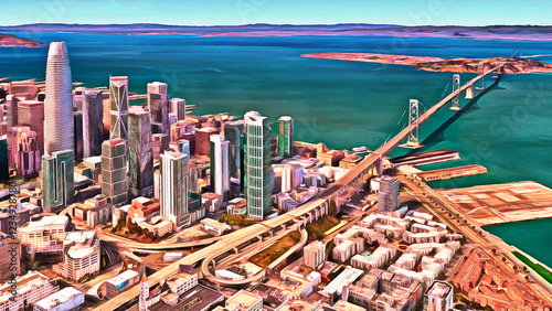 San Francisco, California, USA. Aerial view of the city, skyscrapers, bay and Golden Gate Bridge. Digital painting