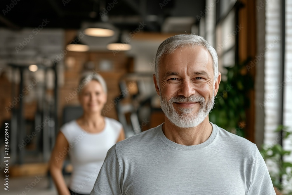 Fototapeta premium A happy old couple embracing a healthy lifestyle at the gym, smiling with joy and confidence. Their active fitness routine promotes well-being and vitality.