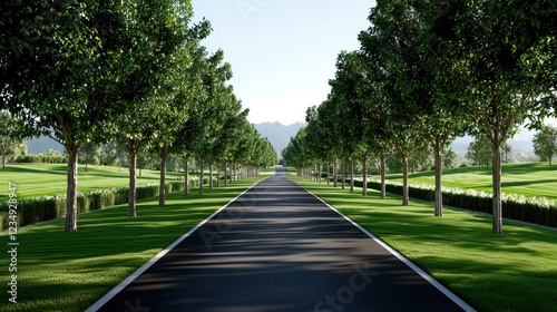 Wallpaper Mural Serene Tree-Lined Roadway Surrounded by Lush Greenery and Majestic Mountains in Bright Daylight Torontodigital.ca