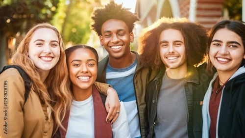 A group of young students, boys and girls from different backgrounds and ethnic cultures, happily pose for a photo, demonstrating friendship and teamwork, embodying the spirit of academic cooperation 