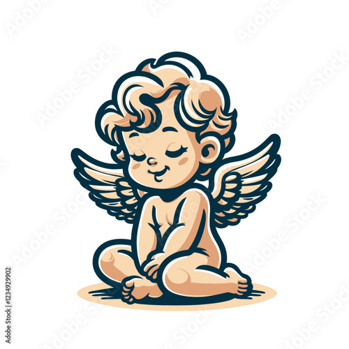 Serene baby angel with wings and curly hair, sitting peacefully with closed eyes. A perfect symbol of innocence, peace, and love. Isolated vector illustration.