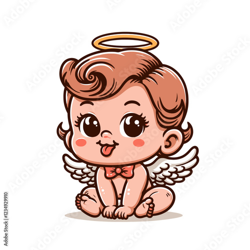 Playful little cupid with wings, a halo, and a cheeky expression sticking out its tongue. A fun and unique take on Valentine's Day and love themes. Isolated vector illustration.