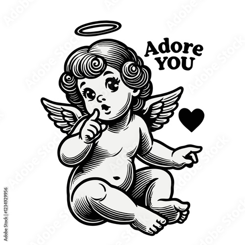 Romantic cupid with wings and a halo, pointing with one hand and making a cute "shh" gesture. Includes "Adore You" text, ideal for love and Valentine's Day themes. Isolated vector illustration.