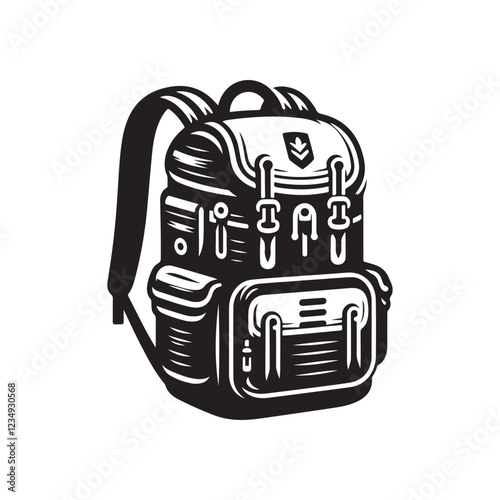 Illustrative Black and White Backpack Design with Multiple Compartments