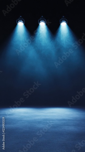 A dark stage lit by three spotlights against a smoky dark blue background, creating a mysterious and moody atmosphere.