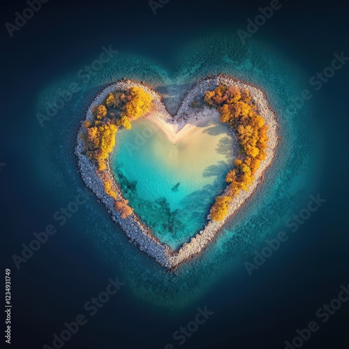 A tropical island in the shape of a heart, surrounded by turquoise water, aerial view, dreamy vibe