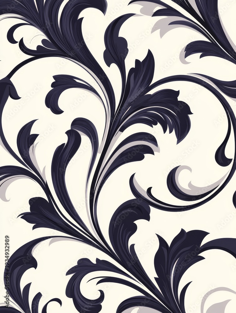 Elegant floral pattern design featuring intricate dark blue and light gray swirls on a cream background Elegant floral pattern design featuring intricate dark blue and light gray swirls on a cream background