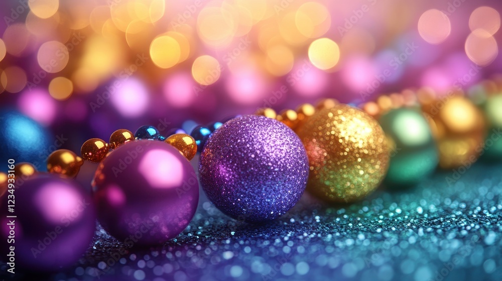 Colorful glittery beads in vibrant hues create a festive atmosphere. Colorful glittery beads in vibrant hues create a festive atmosphere.