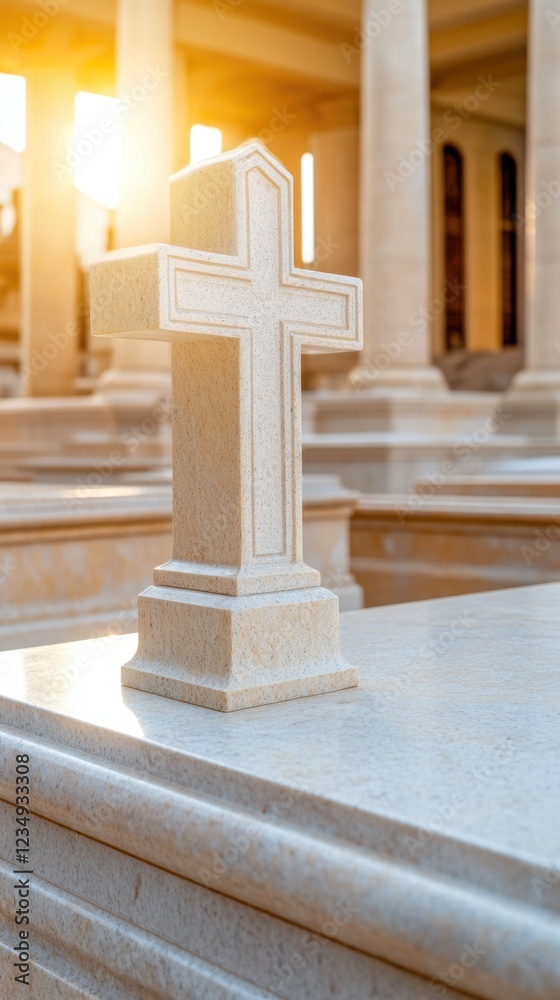 A solemn Catholic cemetery scene with a stone cross monument under a warm golden sunset, highlighting tranquil beauty and reflection. A solemn Catholic cemetery scene with a stone cross monument under a warm golden sunset, highlighting tranquil beauty and reflection.