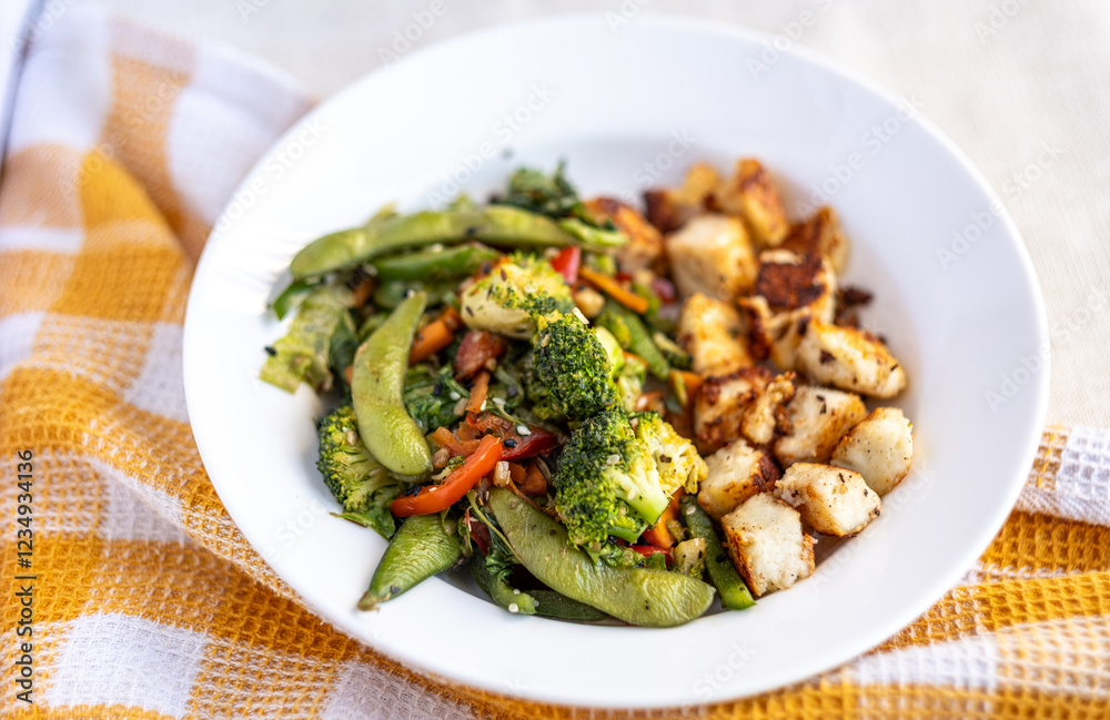 stir fried vegetables and edamame with pan grilled paneer, healthy Vegetarian meal in a white ceramic plate stir fried vegetables and edamame with pan grilled paneer, healthy Vegetarian meal in a white ceramic plate
