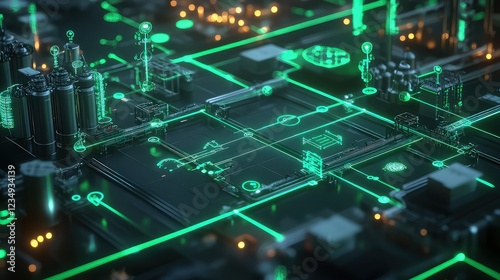 Wallpaper Mural A futuristic network of factories interconnected by glowing green lines representing sustainable energy and resources, with data points showing the environmental impact at each stage of production Torontodigital.ca
