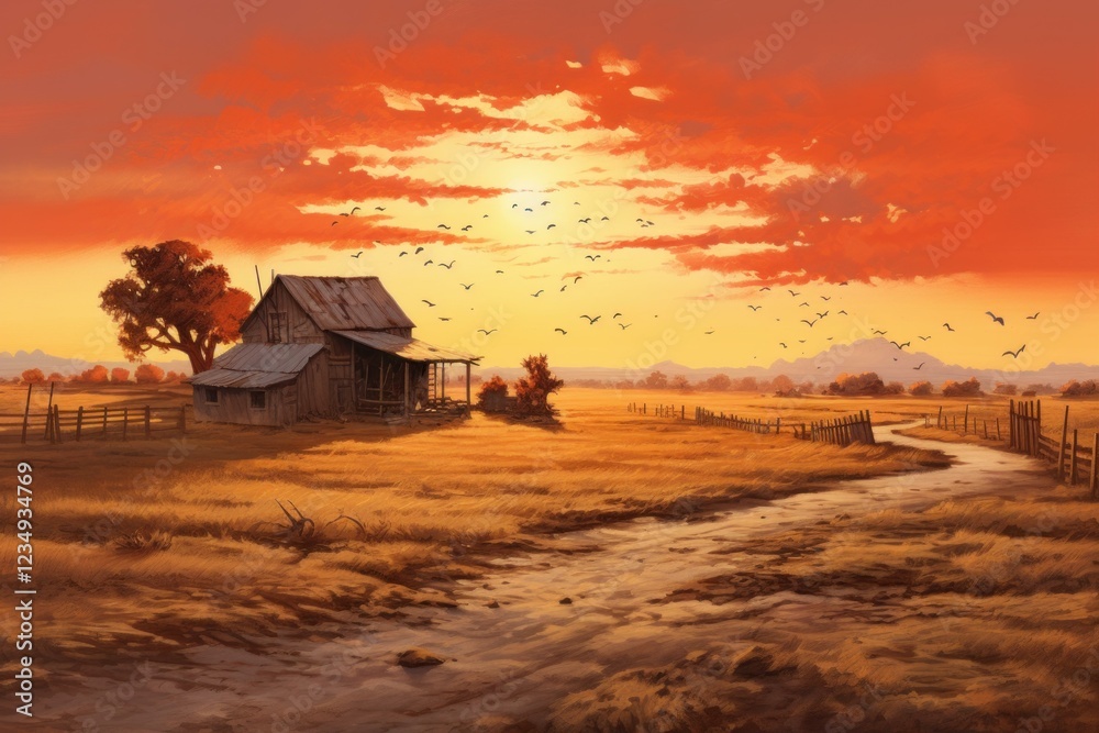 Birds are flying over an old abandoned farmhouse and a dry creek at sunset Birds are flying over an old abandoned farmhouse and a dry creek at sunset