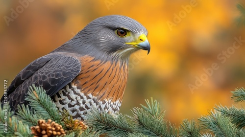 Grey-faced buzzard perched on pine, autumn leaves background. Nature wildlife photography