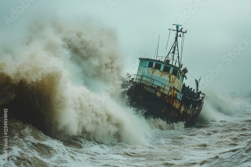 fishing boats struggling to stay afloat in gigantic ocean waves caused by a cyclone, crew holding onto the railings 
