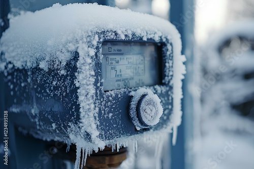 Frozen residential gas meter with visible frost and icicles, captured in a close-up, snowy backdrop.   photo