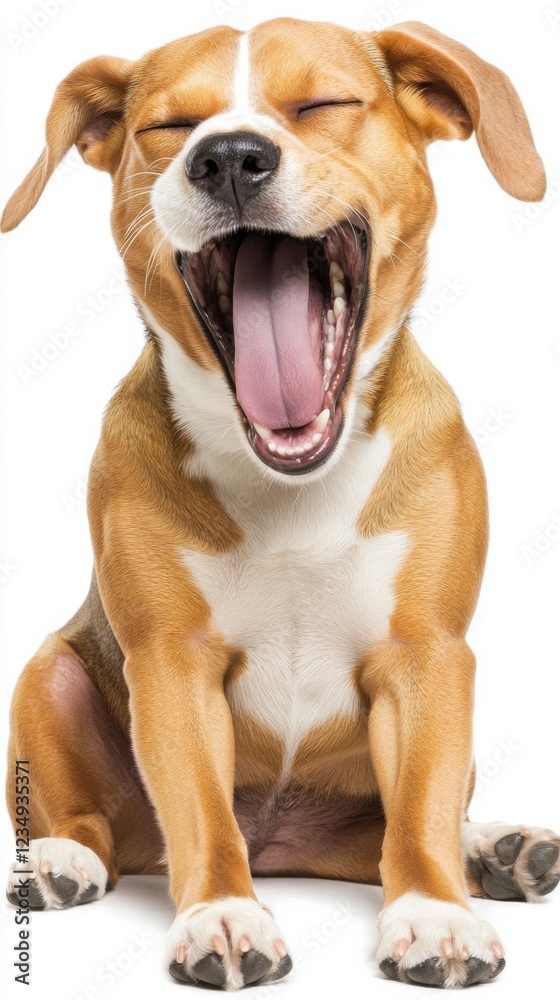 A joyful Beagle dog sits with its mouth wide open, appearing to yawn or laugh. The image captures a playful and happy moment with a white background.