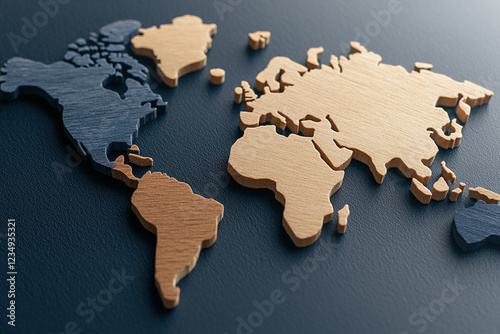 wooden world map with segmented continents on dark surface symbolizes global connections and diversity. map texture and design highlight geographical boundaries and cultural diversity