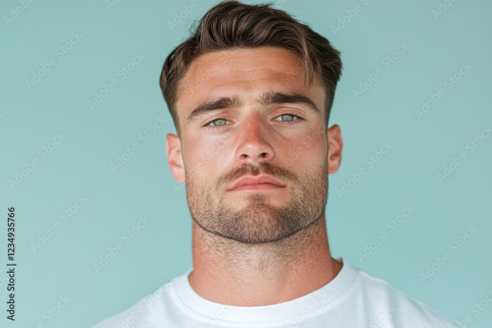 Fototapeta premium Handsome Caucasian young adult man in white shirt with confident expression against blue background