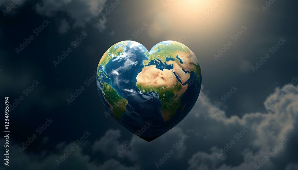 Naklejka premium Planet earth in heart shape, earth day, dramatic, with white tones