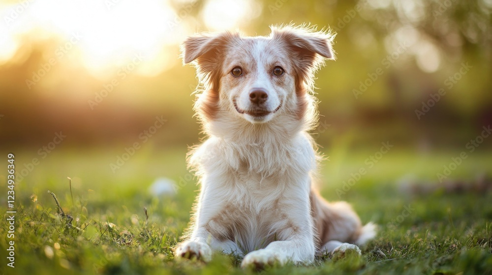 Fluffy Dog Sitting Proudly With Its Paws In Front at Sunset Fluffy Dog Sitting Proudly With Its Paws In Front at Sunset