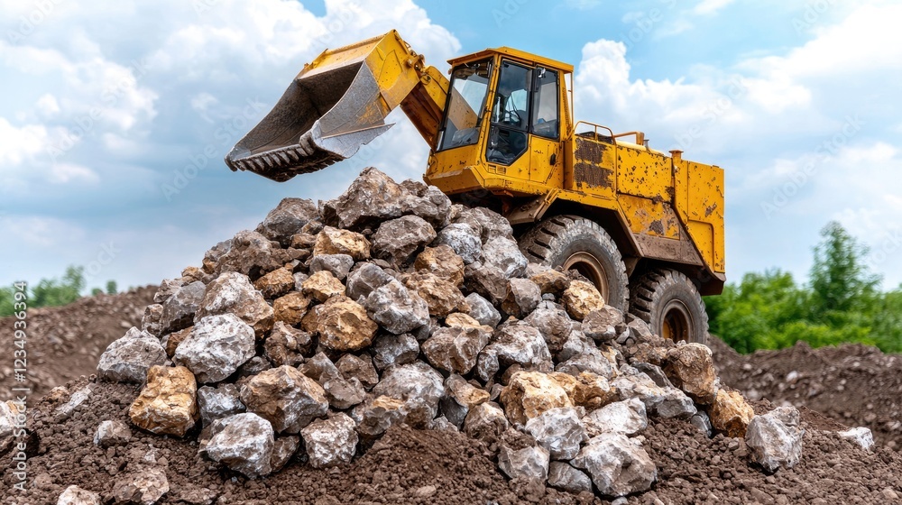 Obraz premium Yellow excavator loading rocks at quarry site