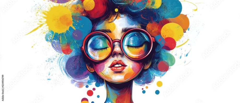 Fototapeta premium Artistic portrait of a young woman with closed eyes wearing red glasses, surrounded by colorful paint splatters and circles Concept of creativity, imagination, and abstract art