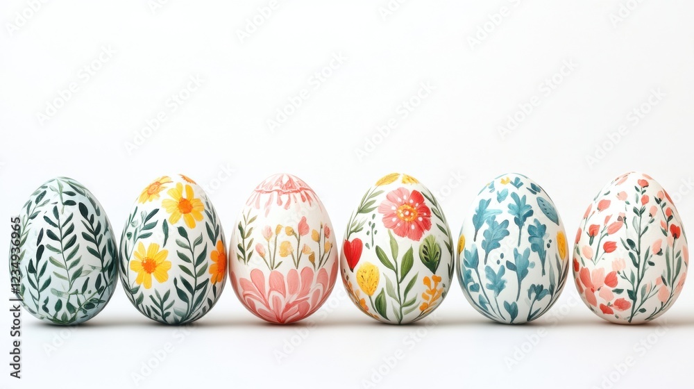 A row of hand-painted Easter eggs featuring detailed artistic floral patterns, arranged on a clean white background, with space for text A row of hand-painted Easter eggs featuring detailed artistic floral patterns, arranged on a clean white background, with space for text