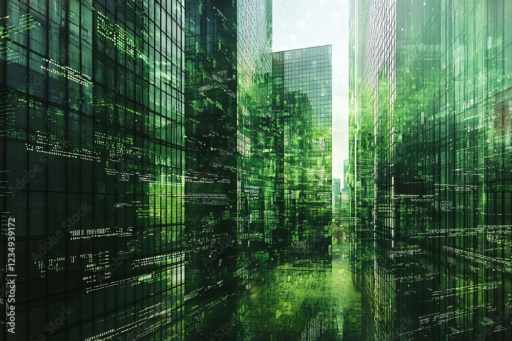 Green Digital Metropolis: Skyscrapers with Code Reflected on Glass Facades Green Digital Metropolis: Skyscrapers with Code Reflected on Glass Facades