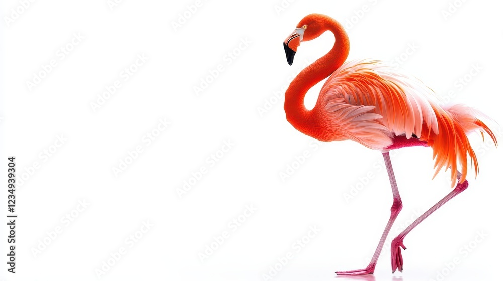 Fototapeta premium Elegant Flamingo with Vibrant Plumage on White Background