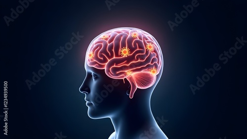 Viral meningitis conceptual art showing a glowing brain with viral swirls and inflammation.