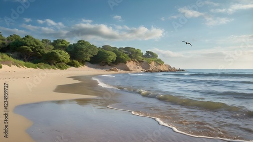Tranquil Beach scape with Serene Waves and Lush Greenery nad nice view on the sun 