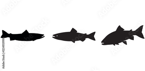 Salmon Fish silhouette in line art style. Fish vector by hand drawing, Fish tattoo on white background, Fish Vector Illustration.