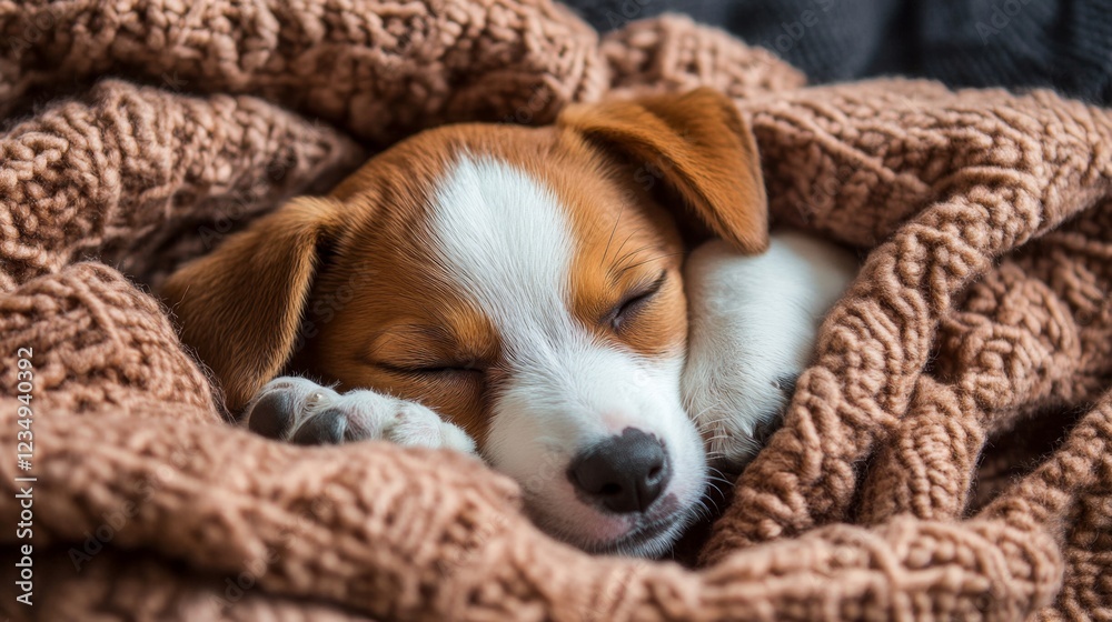Puppy Nuzzling Into Cozy Blanket Exuding Love and Happiness Puppy Nuzzling Into Cozy Blanket Exuding Love and Happiness