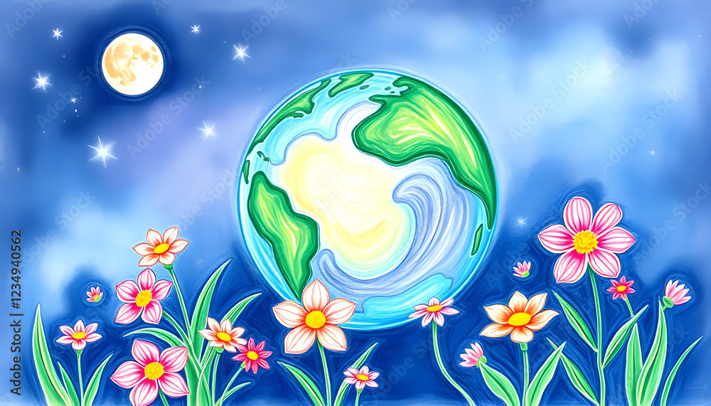 Naklejka premium Planet earth and flowers. Spring has come to planet, crayon drawing, with white tones