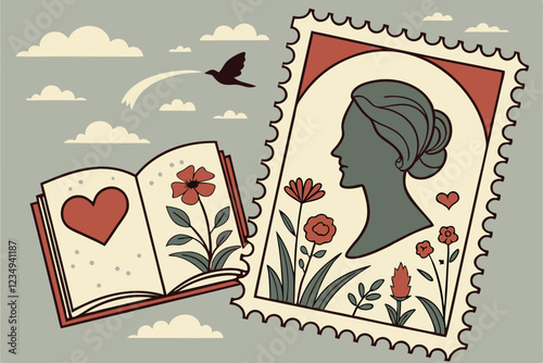 Vintage postage stamp with red heart, torn paper profile portrait, book with colorful flowers blooming, retro sky with fluffy clouds, paper cutout bird, collage art, mixed media, nostalgic, whimsical,