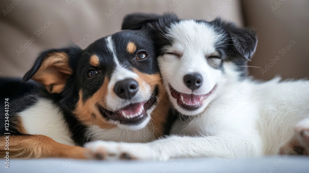 Joyful Puppy and Adult Dog Snuggling Together on Soft Surface Joyful Puppy and Adult Dog Snuggling Together on Soft Surface