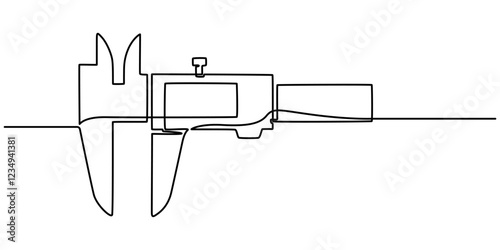 vernier continuous one line drawing on a white background, A simple line drawing of a Vernier Caliper, Different engineering drawings and vernier caliper on gray textured table, top view. Space pro. 