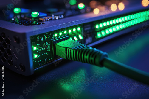 Close-up view of green Ethernet cable connected to router showing glowing port LEDs capturing detailed electronic equipment setup photo